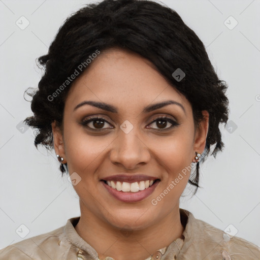 Joyful latino young-adult female with medium  brown hair and brown eyes