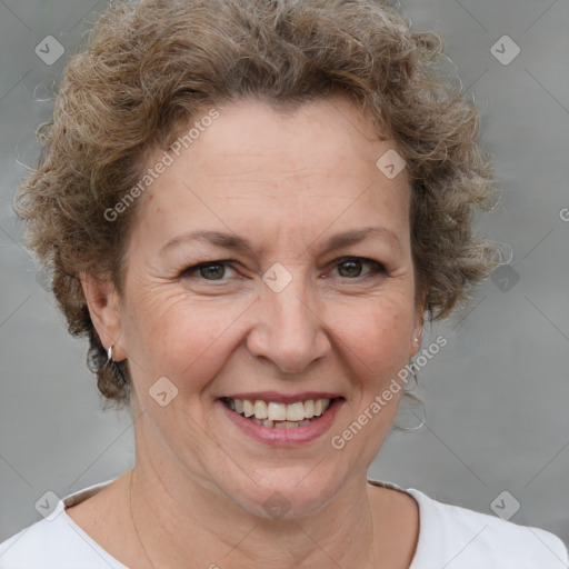 Joyful white adult female with short  brown hair and brown eyes