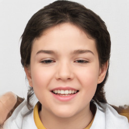 Joyful white child female with short  brown hair and brown eyes