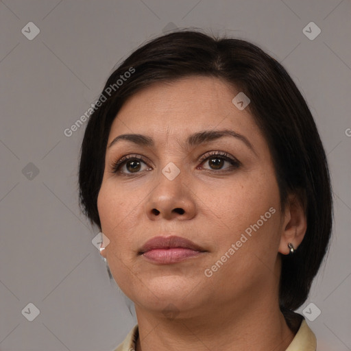 Neutral white young-adult female with medium  brown hair and brown eyes