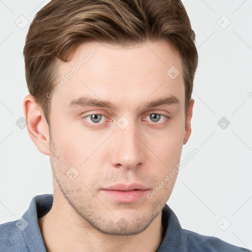 Neutral white young-adult male with short  brown hair and grey eyes