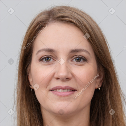 Joyful white young-adult female with long  brown hair and grey eyes