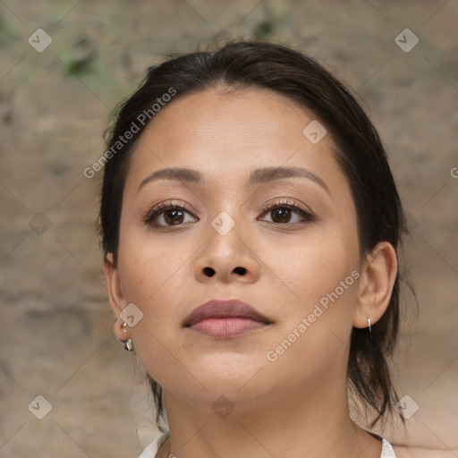 Neutral asian young-adult female with medium  brown hair and brown eyes