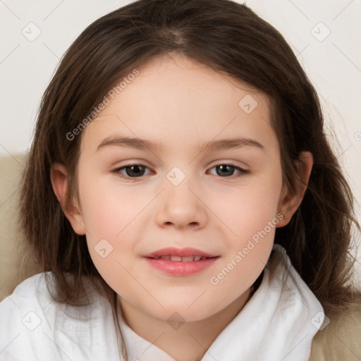 Joyful white child female with medium  brown hair and brown eyes