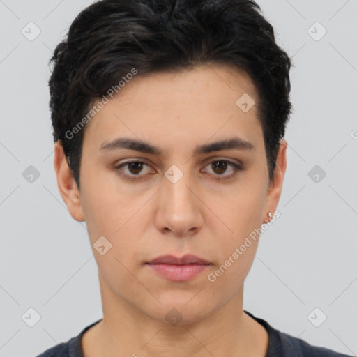 Neutral latino young-adult female with short  black hair and brown eyes