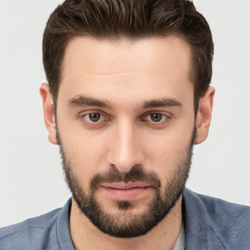 Neutral white young-adult male with short  brown hair and brown eyes