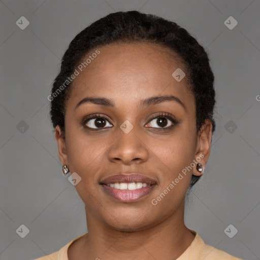 Joyful latino young-adult female with short  black hair and brown eyes