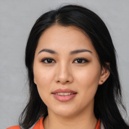 Joyful asian young-adult female with medium  black hair and brown eyes