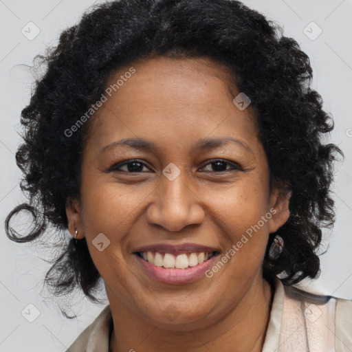 Joyful black young-adult female with long  brown hair and brown eyes