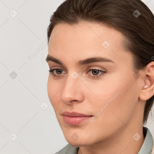 Neutral white young-adult female with short  brown hair and brown eyes