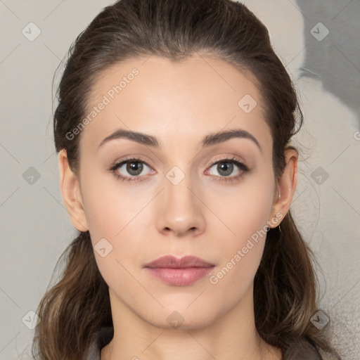 Neutral white young-adult female with medium  brown hair and brown eyes