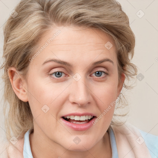 Joyful white adult female with medium  brown hair and blue eyes