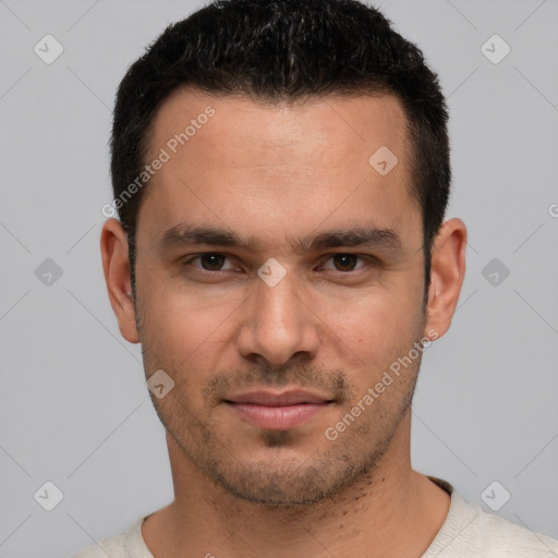 Neutral white young-adult male with short  brown hair and brown eyes