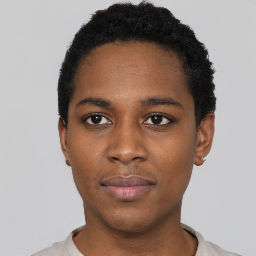 Neutral black young-adult male with short  black hair and brown eyes
