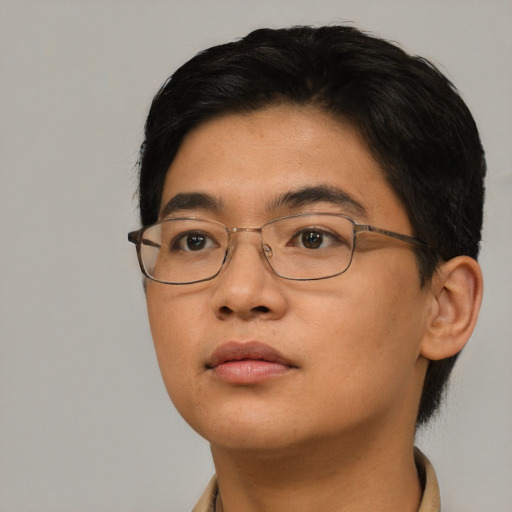 Neutral asian young-adult female with short  black hair and brown eyes