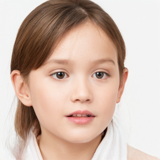 Neutral white child female with medium  brown hair and grey eyes