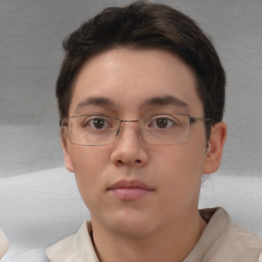 Neutral white young-adult female with short  brown hair and brown eyes