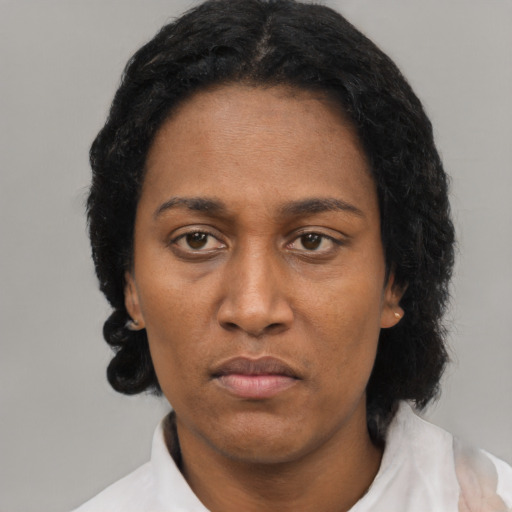 Neutral black adult female with short  black hair and brown eyes