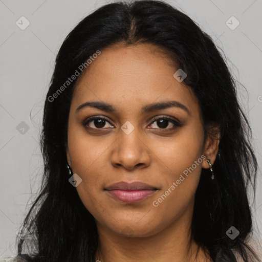 Joyful latino young-adult female with long  brown hair and brown eyes