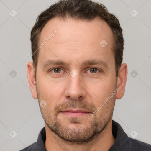 Neutral white adult male with short  brown hair and brown eyes