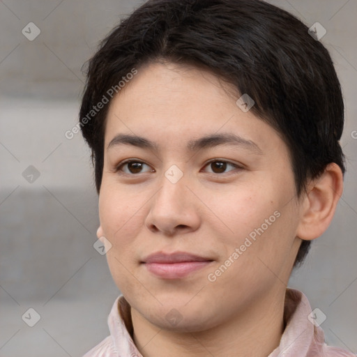 Joyful white young-adult female with short  brown hair and brown eyes