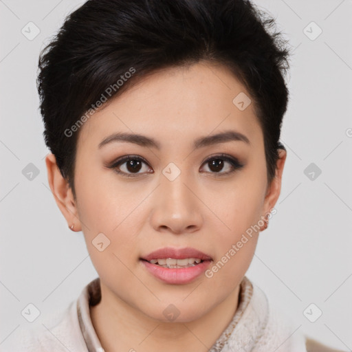 Joyful asian young-adult female with short  brown hair and brown eyes