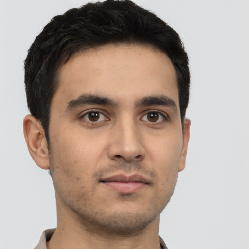Neutral asian young-adult male with short  black hair and brown eyes
