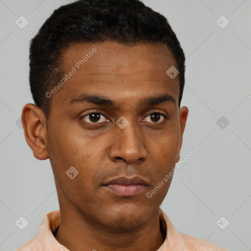 Neutral latino young-adult male with short  brown hair and brown eyes
