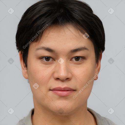 Joyful asian young-adult female with short  brown hair and brown eyes