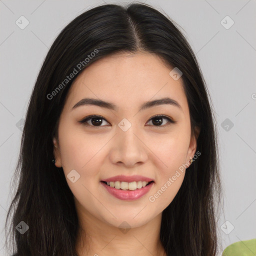 Joyful white young-adult female with long  brown hair and brown eyes