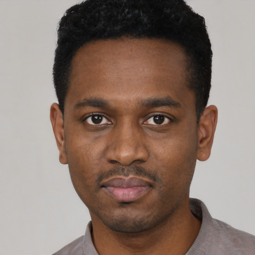 Neutral black young-adult male with short  black hair and brown eyes