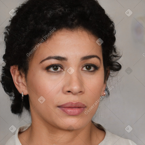 Neutral white young-adult female with short  brown hair and brown eyes