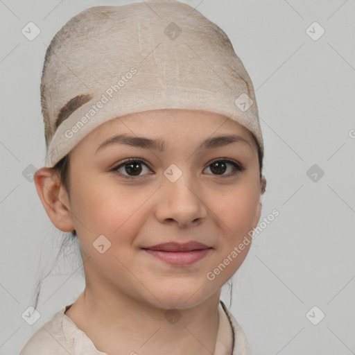 Joyful white child female with medium  brown hair and brown eyes