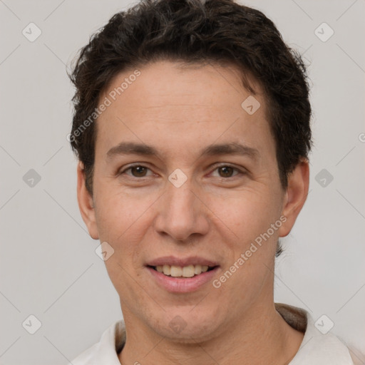 Joyful white adult female with short  brown hair and brown eyes