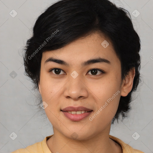 Joyful asian young-adult female with medium  black hair and brown eyes