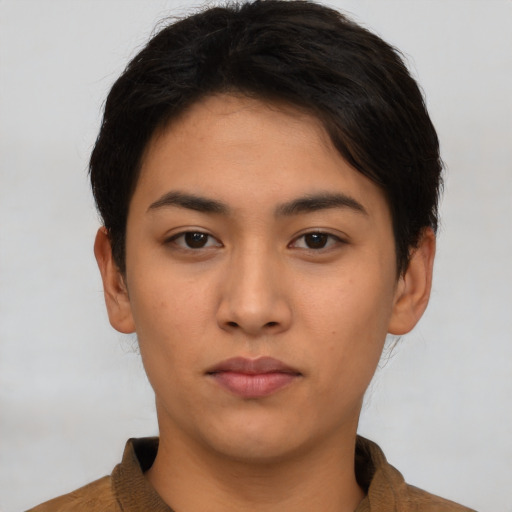 Neutral asian young-adult female with short  brown hair and brown eyes