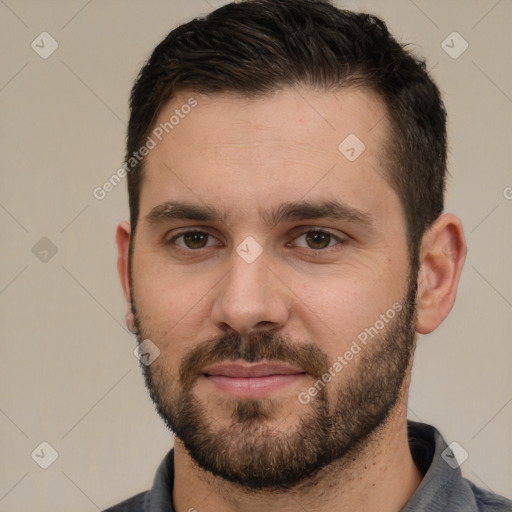 Joyful white young-adult male with short  brown hair and brown eyes