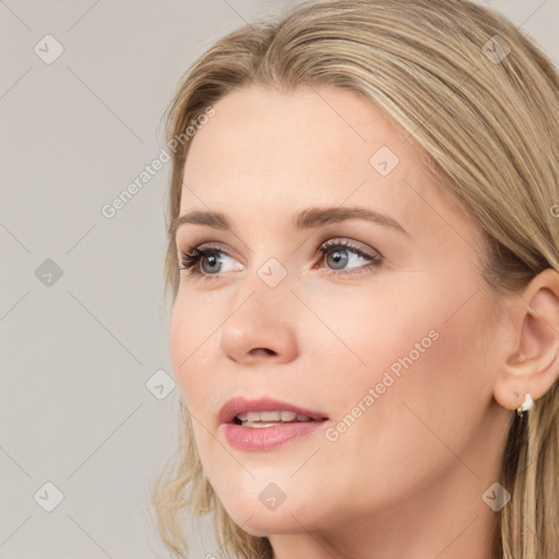 Joyful white young-adult female with long  brown hair and blue eyes