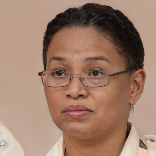 Joyful latino adult female with short  brown hair and brown eyes