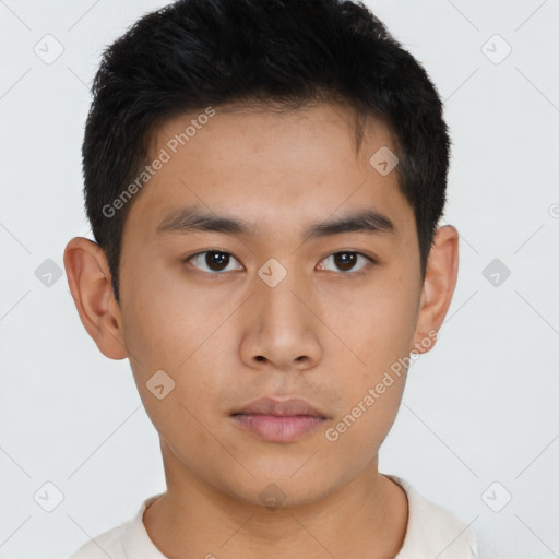 Neutral asian young-adult male with short  brown hair and brown eyes