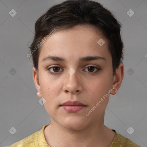 Neutral white young-adult female with short  brown hair and brown eyes