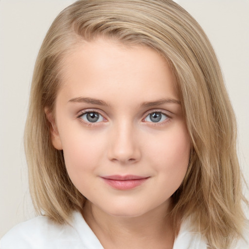 Neutral white child female with medium  brown hair and blue eyes