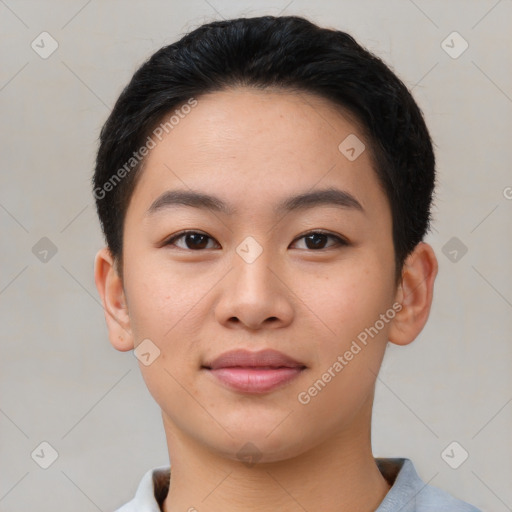 Joyful asian young-adult female with short  black hair and brown eyes