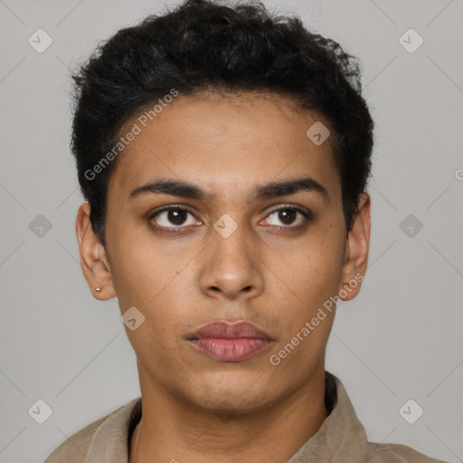 Neutral latino young-adult male with short  black hair and brown eyes