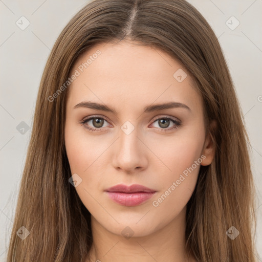 Neutral white young-adult female with long  brown hair and brown eyes