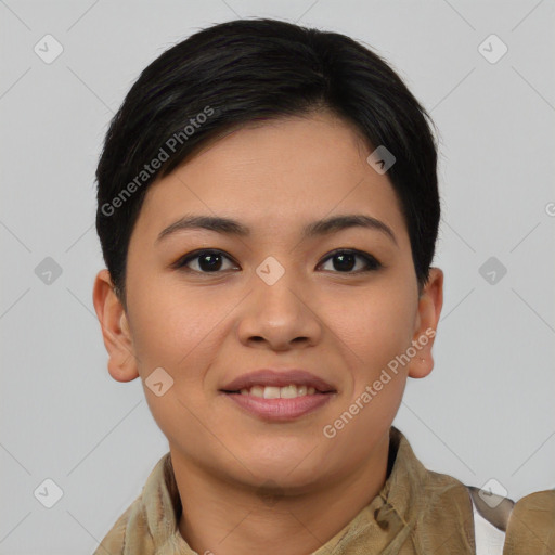 Joyful asian young-adult female with short  brown hair and brown eyes