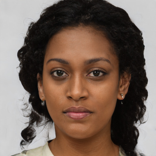 Joyful black young-adult female with long  black hair and brown eyes