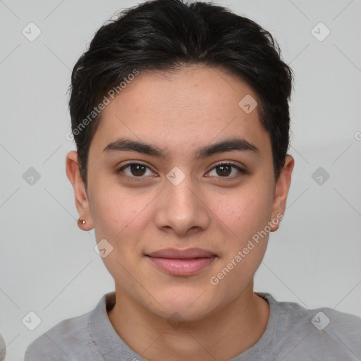 Joyful white young-adult female with short  brown hair and brown eyes