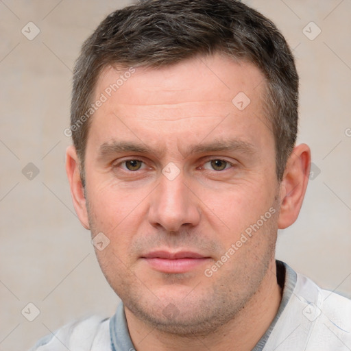 Neutral white adult male with short  brown hair and brown eyes