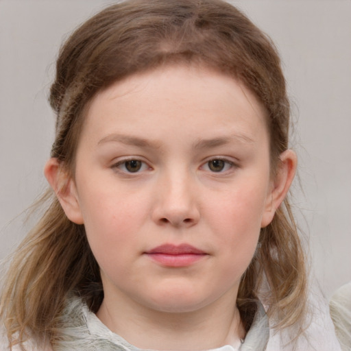 Neutral white child female with medium  brown hair and grey eyes